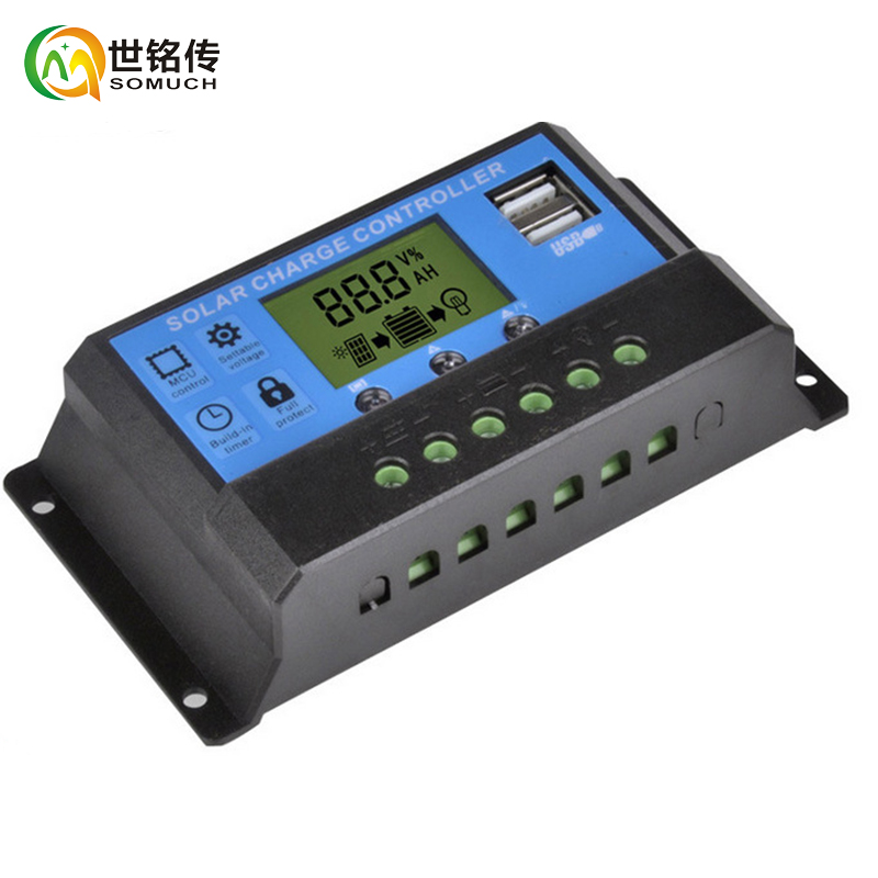 太陽(yáng)能控制器12V24V10A/20A/30A通用帶手機(jī)充電口液晶屏電量顯示鋰電通用