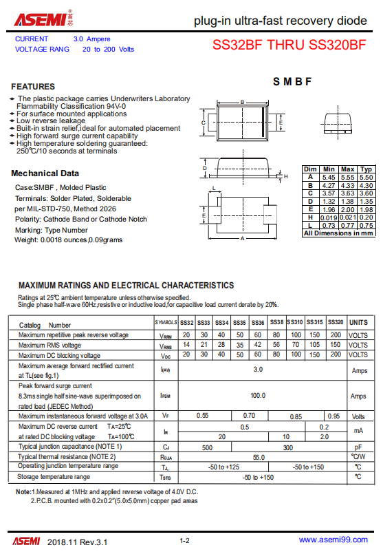 SS320BF二极管ASEMI(SMBF)PDF技术资料下载